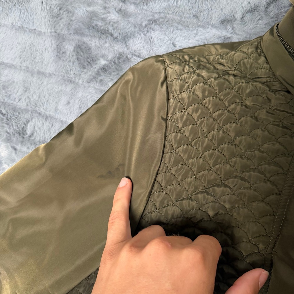 Black Rivet Quilted Jacket Womens Large Olive Green Faux Fur Collar Gold Zip - Picture 4 of 8